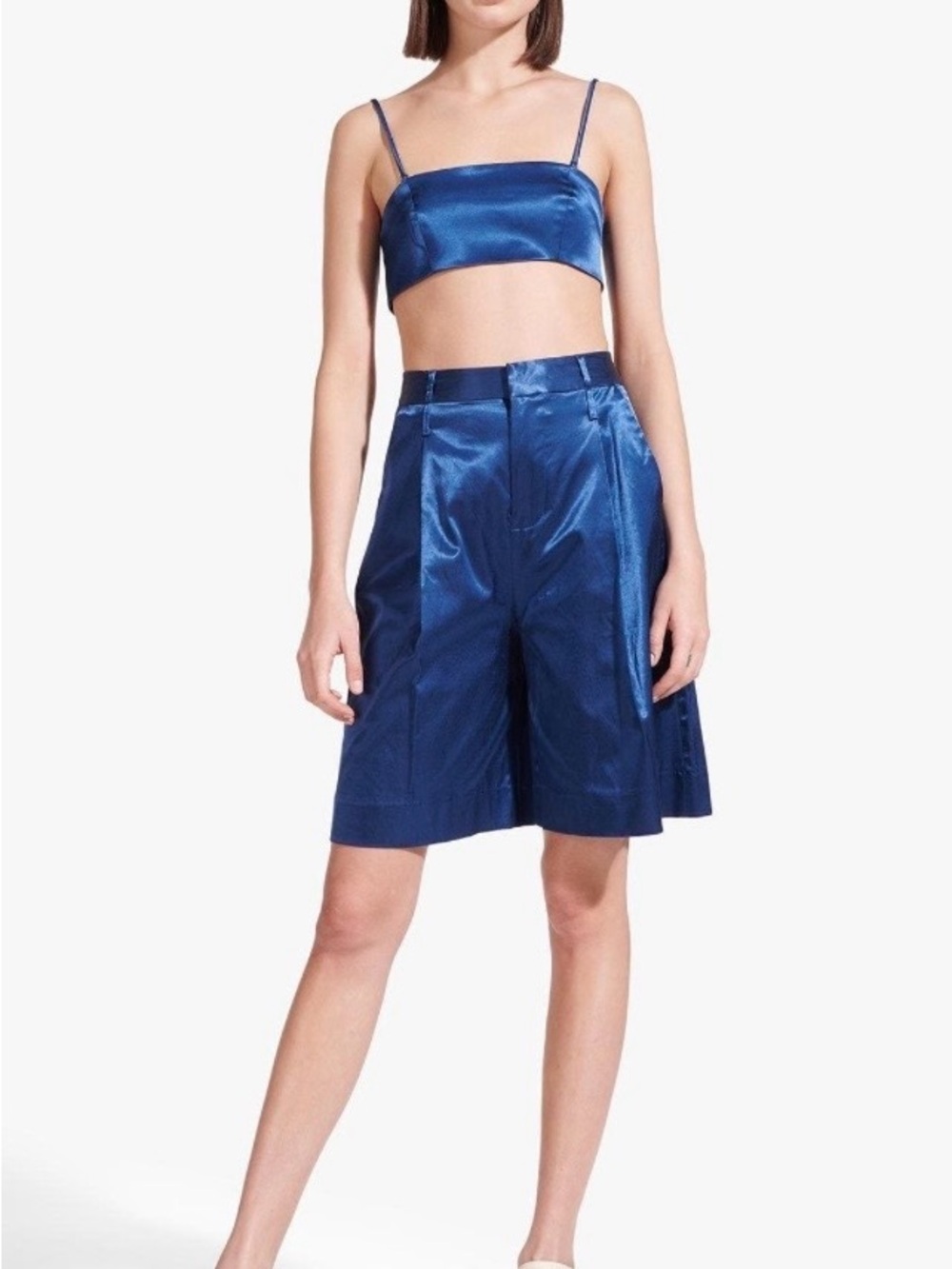 Satin Staud High-Waist Bermuda Shorts in Deep Blue